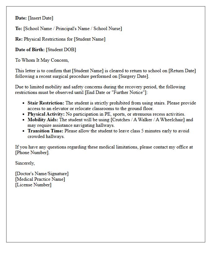 Limited Mobility Post-Surgery Stair Restriction and School Return Letter
