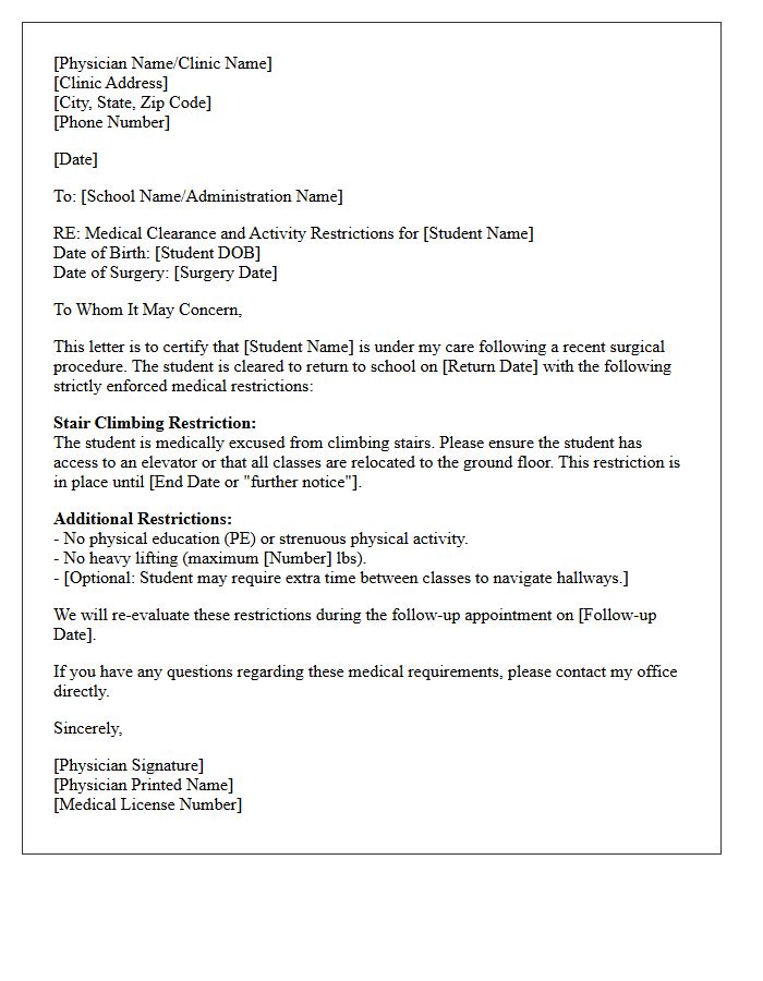 Medical Excuse for Stair Climbing and Post-Surgery School Return Letter