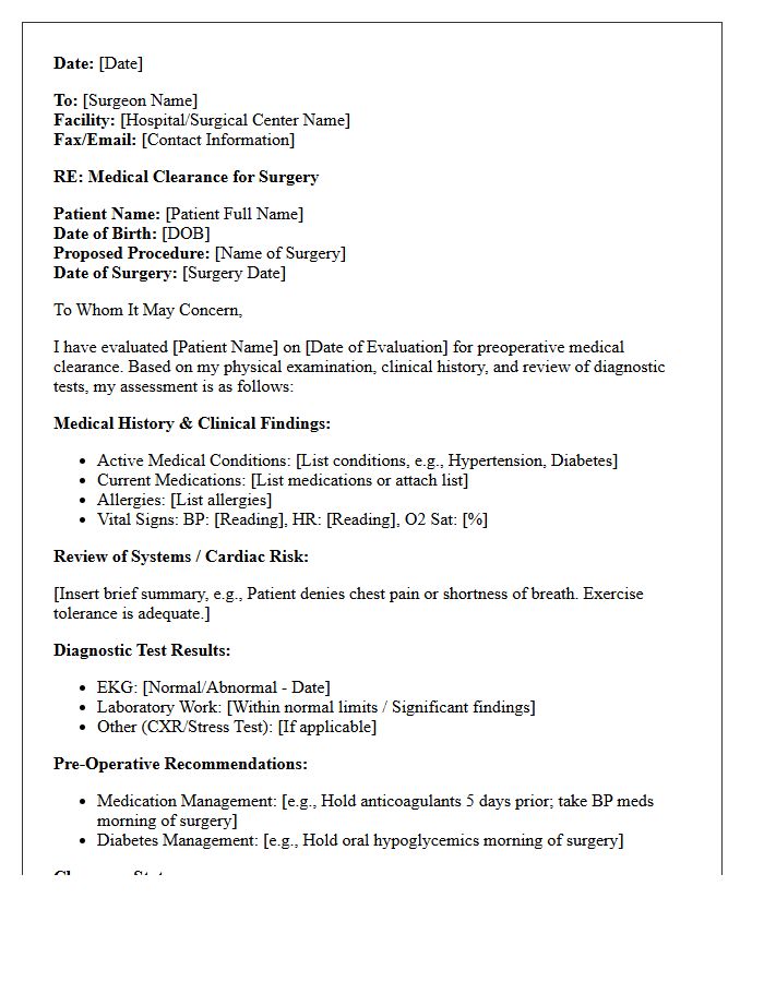 Standard Pre-Operative Medical Clearance Letter