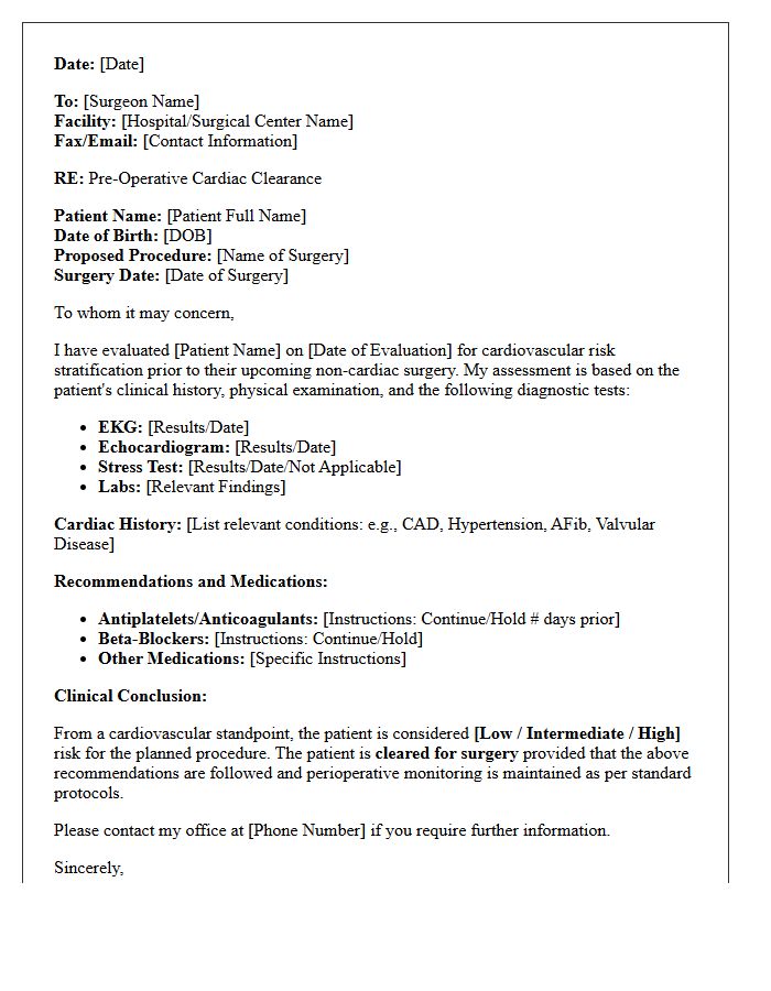 Cardiac Pre-Operative Medical Clearance Letter