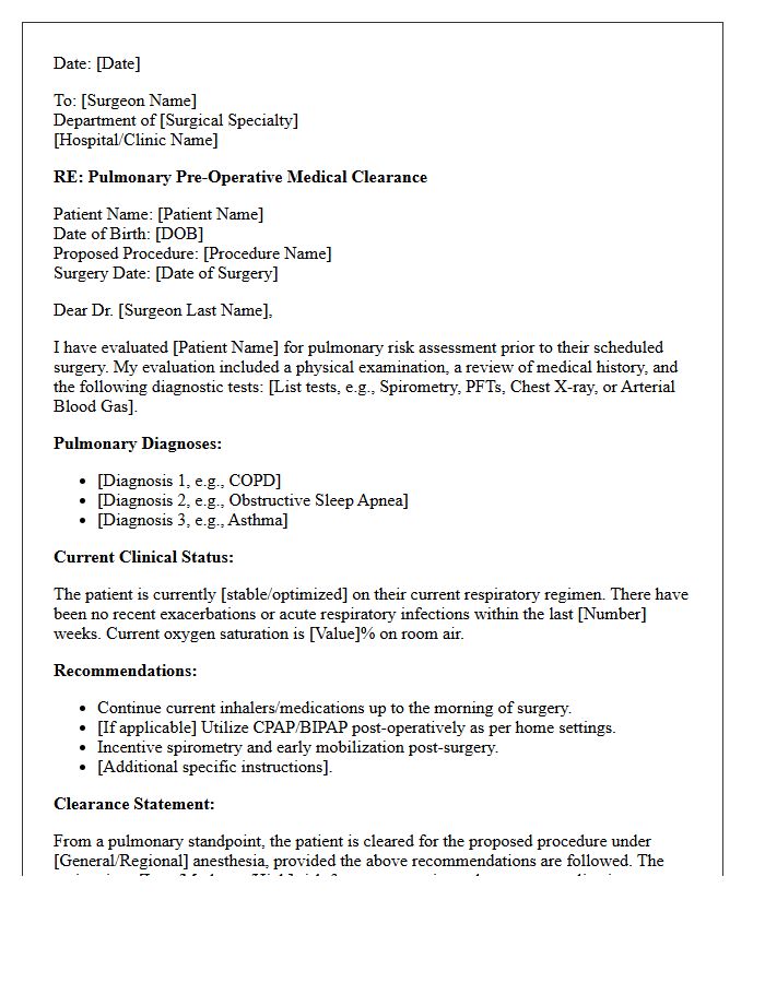 Pulmonary Pre-Operative Medical Clearance Letter
