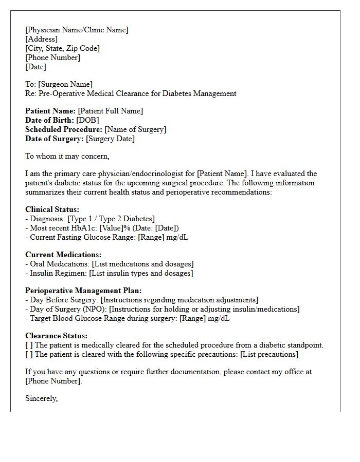 Diabetic Pre-Operative Medical Clearance Letter