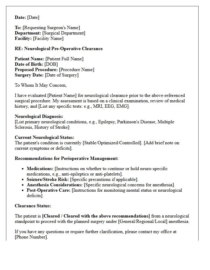 Neurological Pre-Operative Medical Clearance Letter