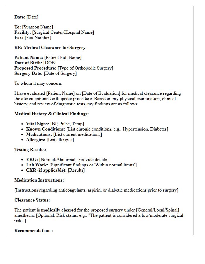 Orthopedic Pre-Operative Medical Clearance Letter