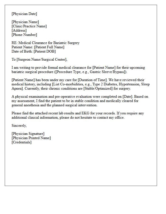 Bariatric Pre-Operative Medical Clearance Letter