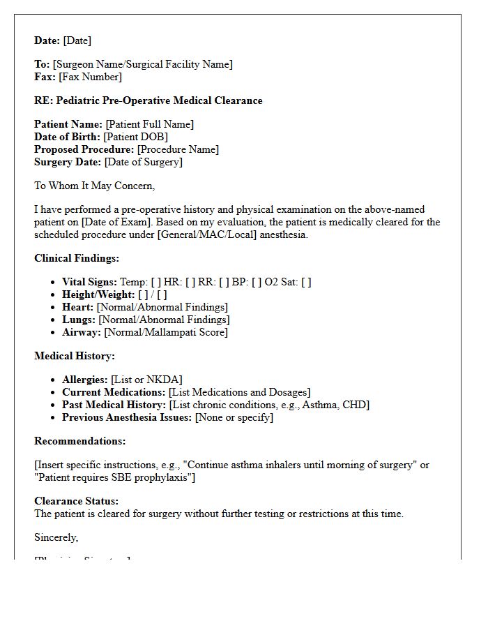 Pediatric Pre-Operative Medical Clearance Letter