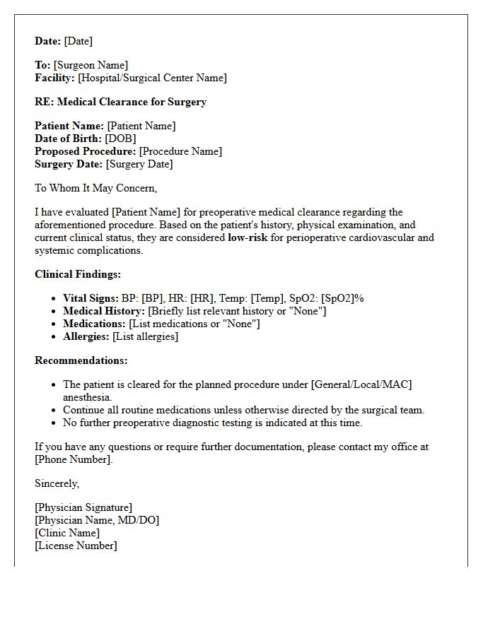 Low-Risk Pre-Operative Medical Clearance Letter