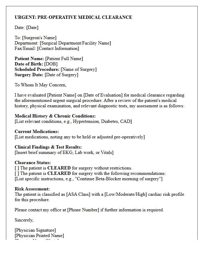 Urgent Pre-Operative Medical Clearance Letter