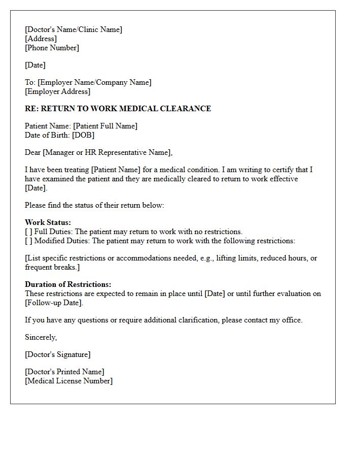 Standard Return To Work Medical Clearance Letter