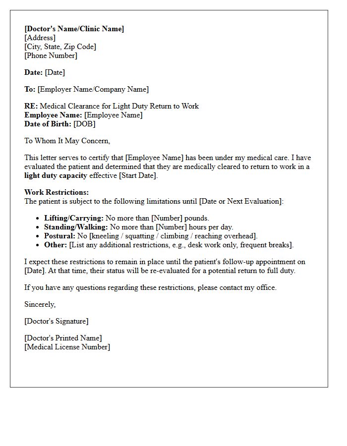 Light Duty Return To Work Medical Clearance Letter