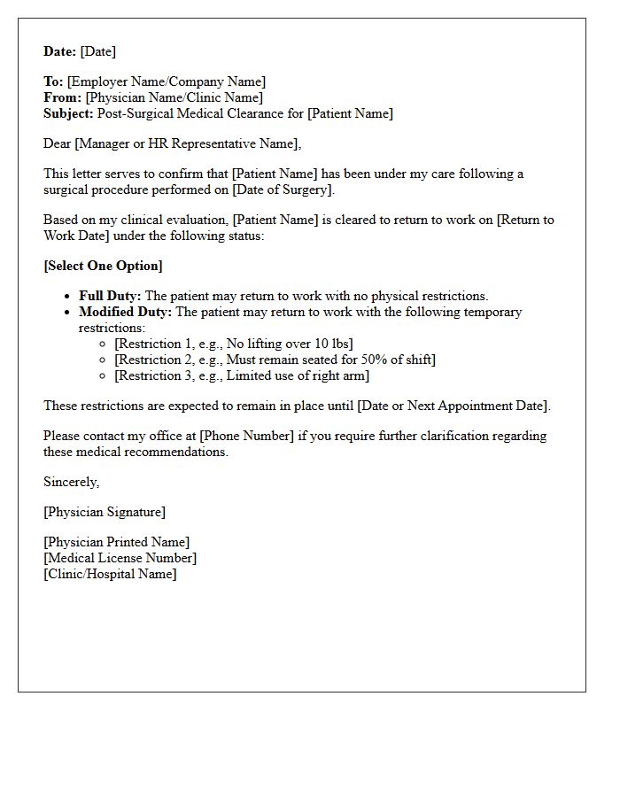 Post-Surgical Return To Work Medical Clearance Letter