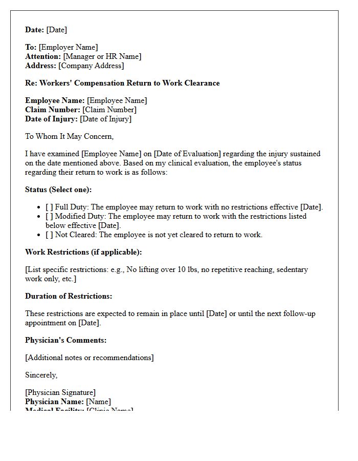 Workers Compensation Return To Work Medical Clearance Letter