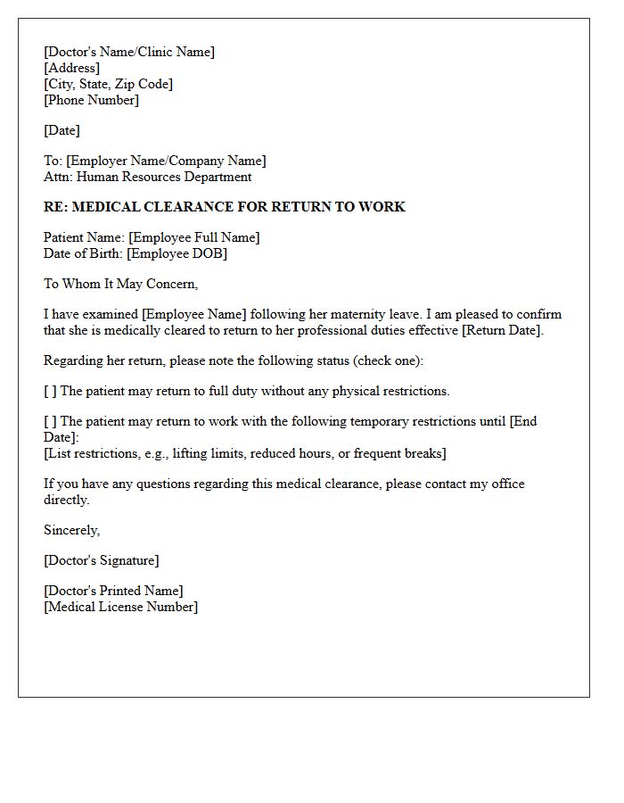 Maternity Leave Return To Work Medical Clearance Letter