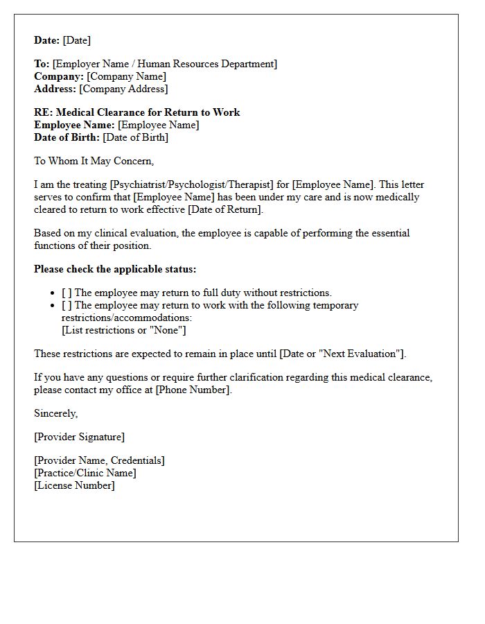Psychiatric Return To Work Medical Clearance Letter