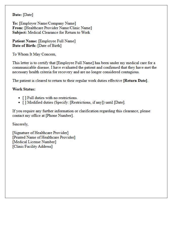 Communicable Disease Return To Work Medical Clearance Letter