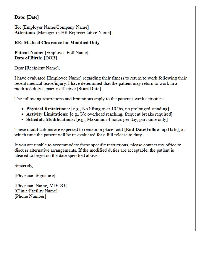 Modified Duty Return To Work Medical Clearance Letter