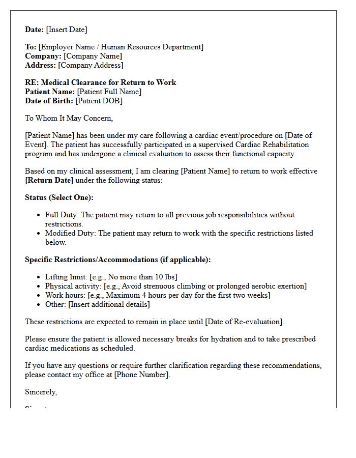 Cardiac Rehabilitation Return To Work Medical Clearance Letter