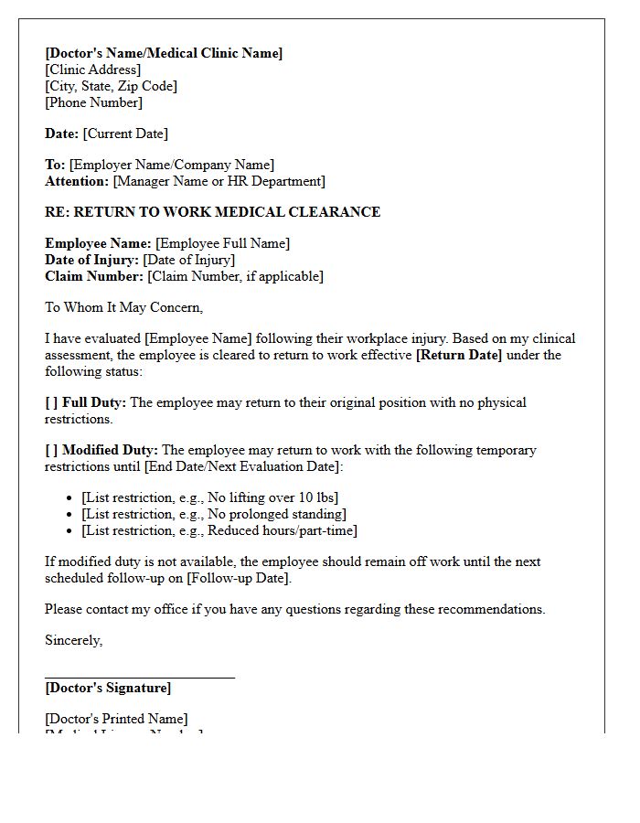 Workplace Injury Return To Work Medical Clearance Letter
