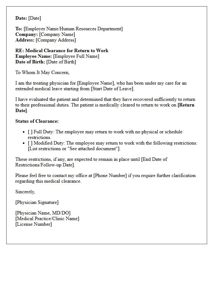 Extended Illness Return To Work Medical Clearance Letter