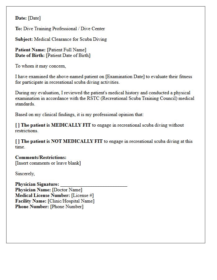 Standard Scuba Diving Medical Clearance Letter