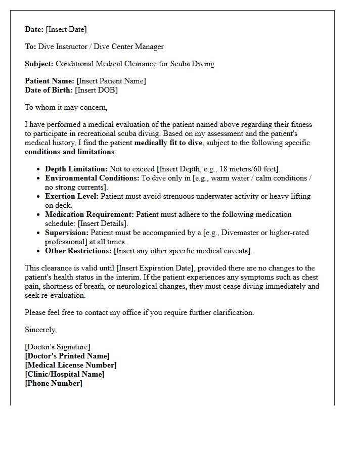 Conditional Scuba Diving Medical Clearance Letter