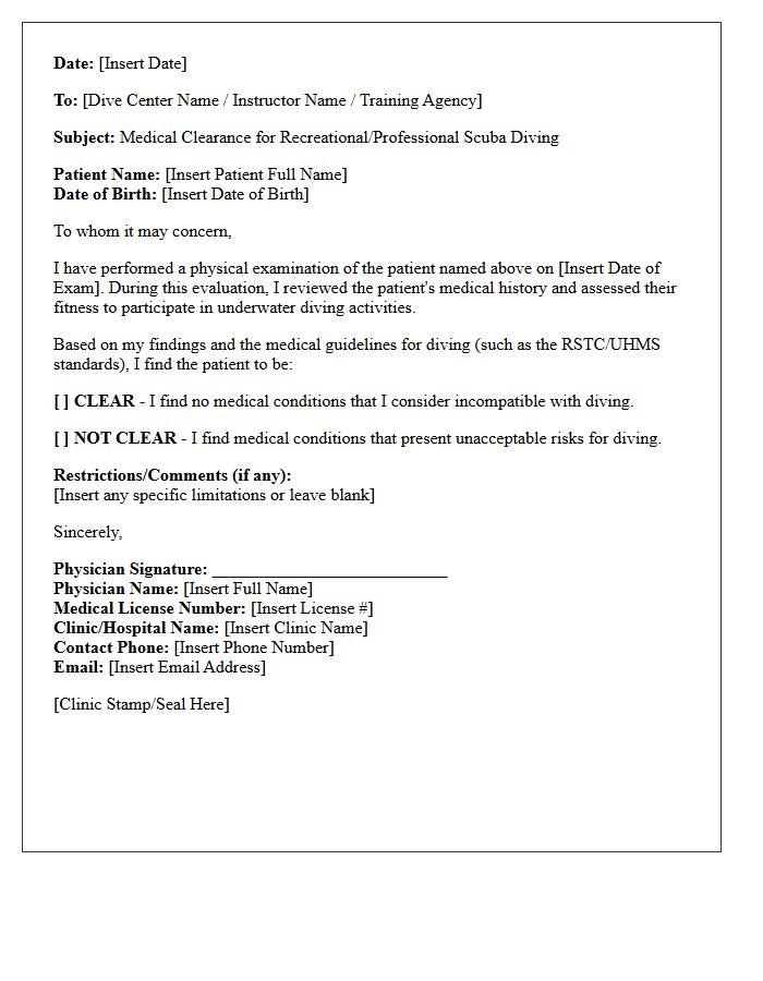Professional Scuba Diving Medical Clearance Letter