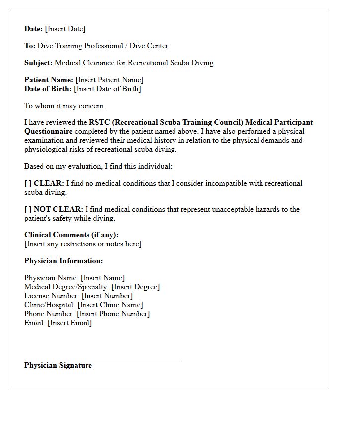 Recreational Scuba Diving Medical Clearance Letter