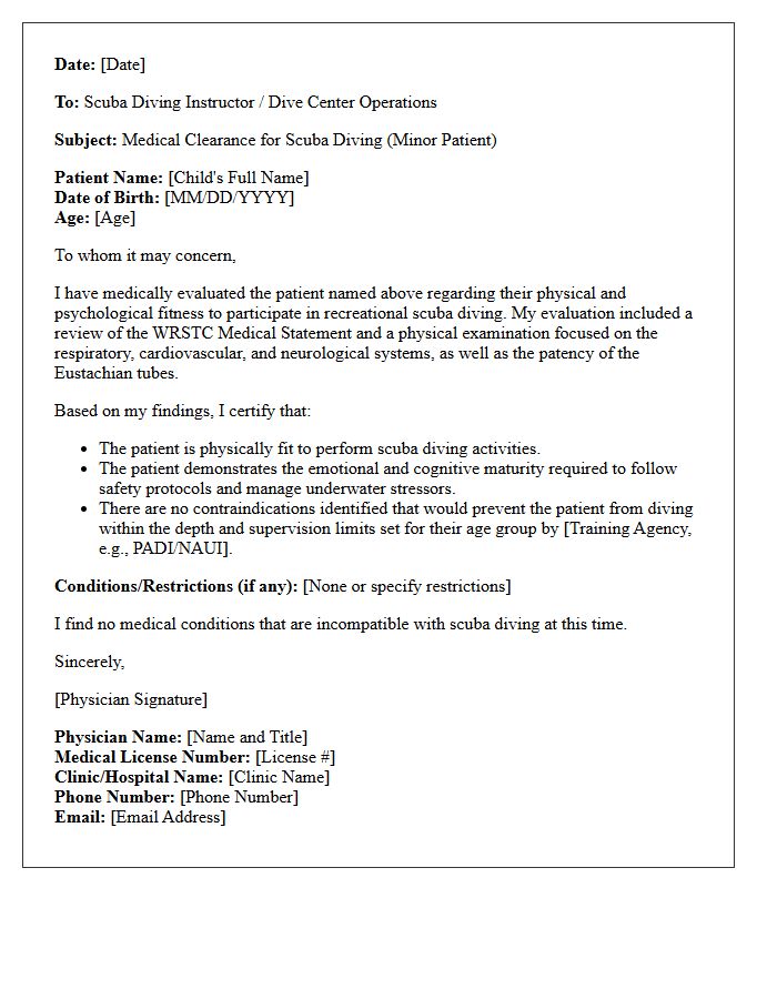 Pediatric Scuba Diving Medical Clearance Letter