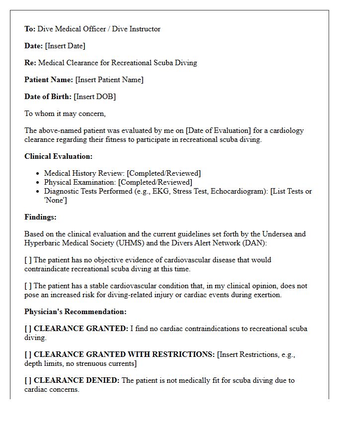 Cardiology Evaluation Scuba Diving Medical Clearance Letter
