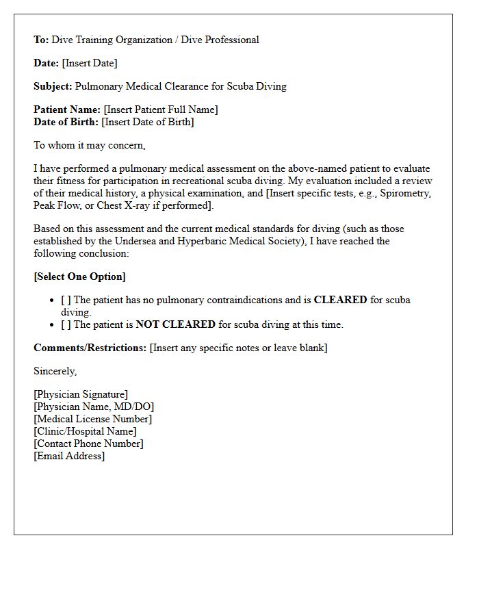 Pulmonary Assessment Scuba Diving Medical Clearance Letter