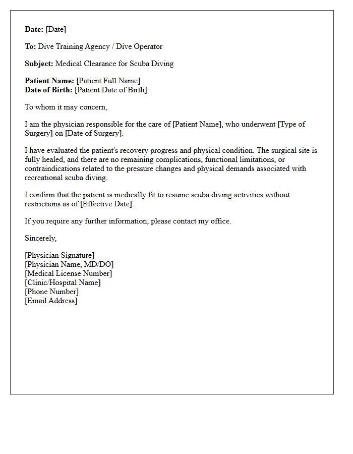 Post-Surgery Scuba Diving Medical Clearance Letter