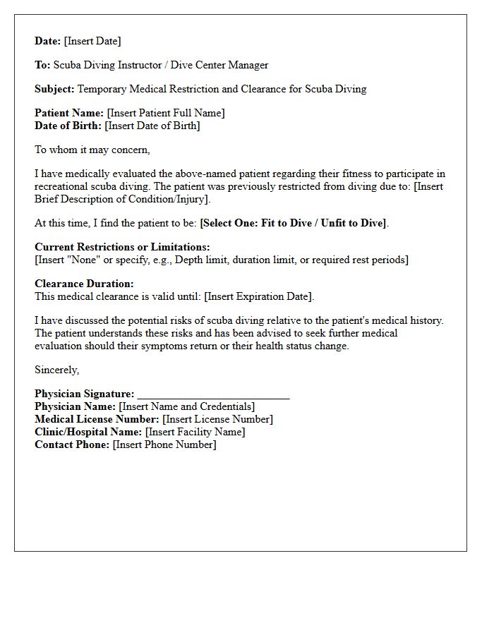 Temporary Restriction Scuba Diving Medical Clearance Letter