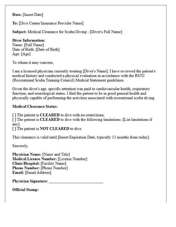 Senior Diver Scuba Diving Medical Clearance Letter