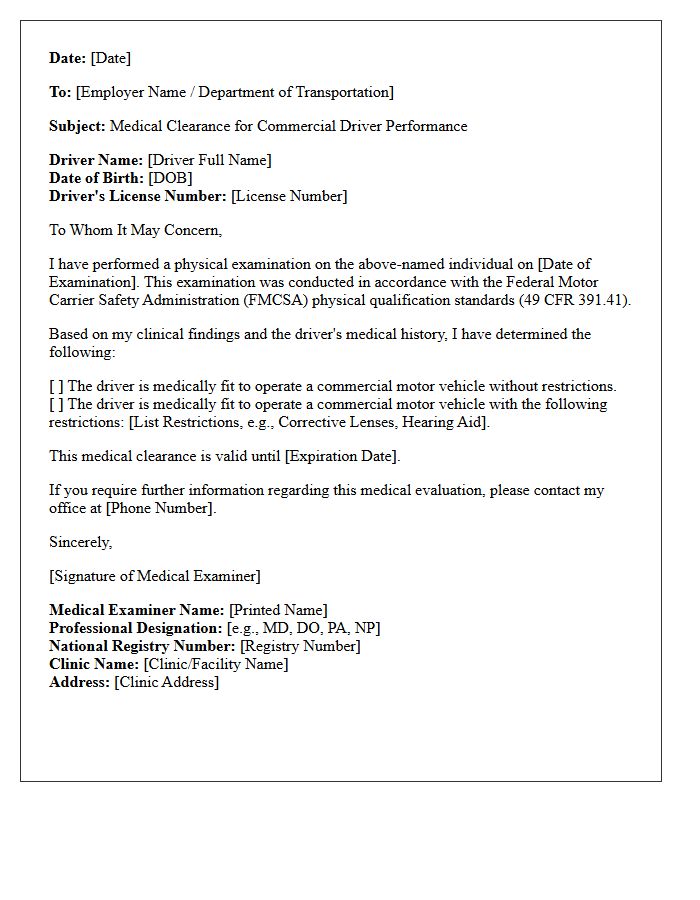Standard Commercial Driver Medical Clearance Letter