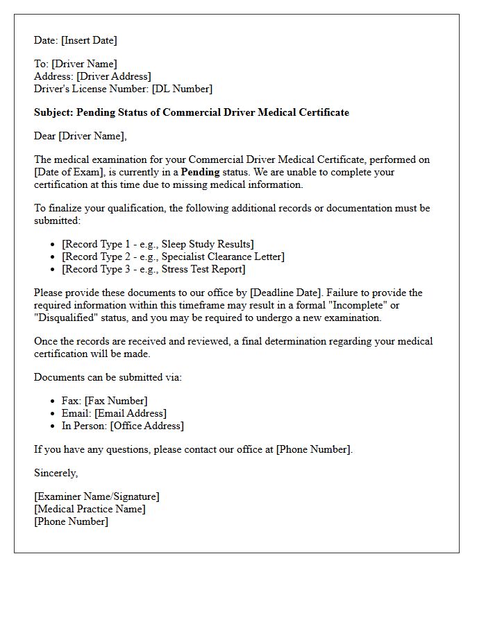 Pending Additional Records Commercial Driver Medical Letter