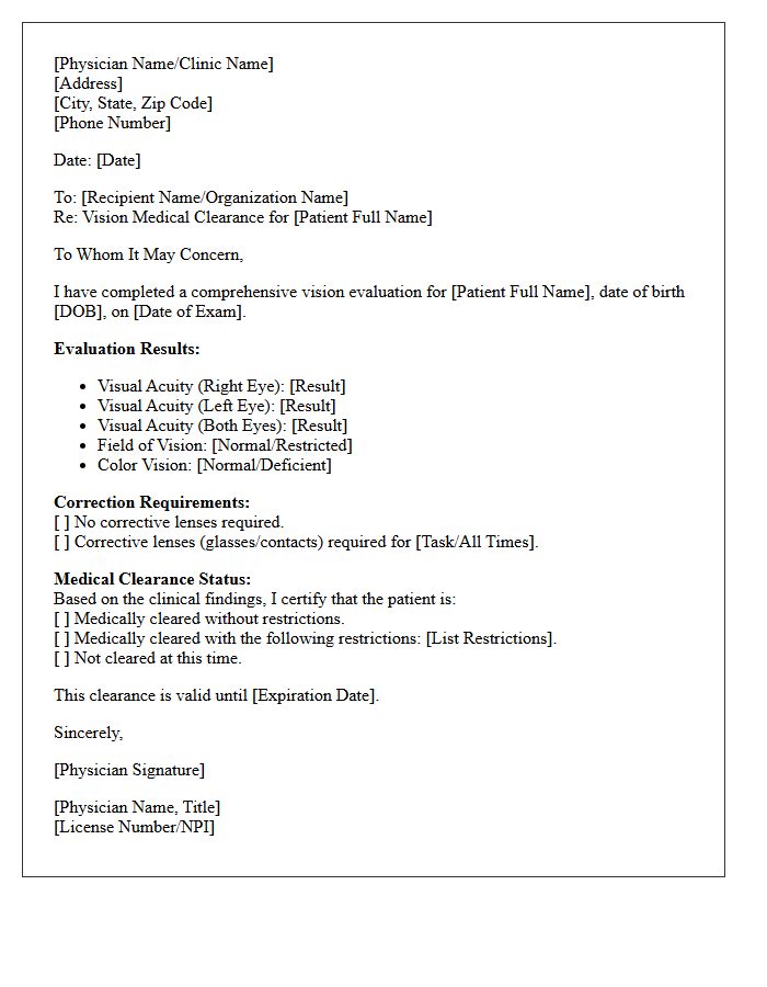 Vision Evaluation Medical Clearance Letter