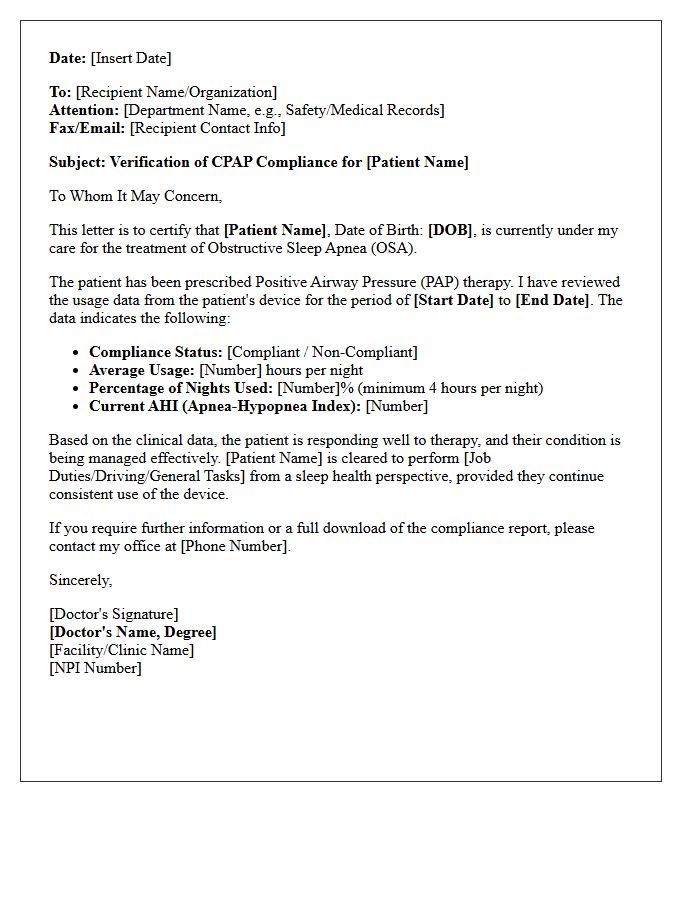 Sleep Apnea Compliance Verification Letter