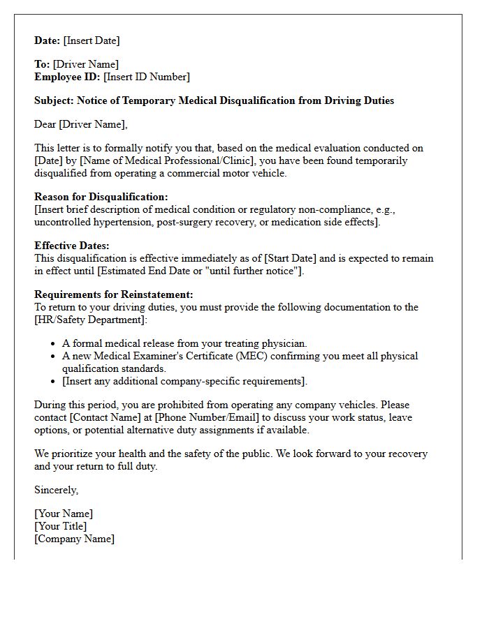 Temporary Medical Disqualification Driver Letter