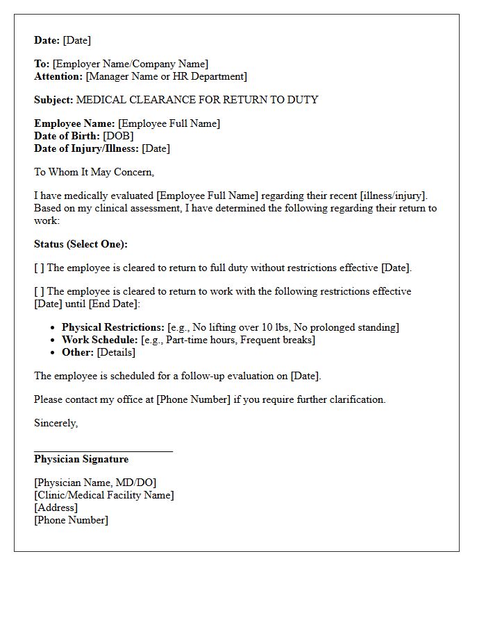 Return To Duty Medical Clearance Letter