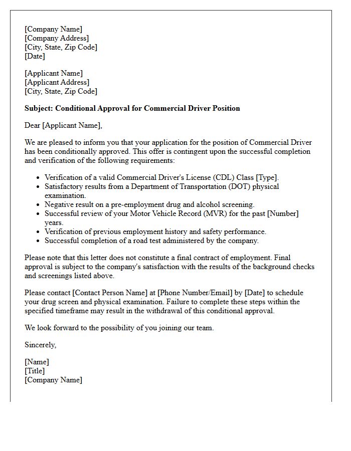 Conditional Commercial Driver Approval Letter
