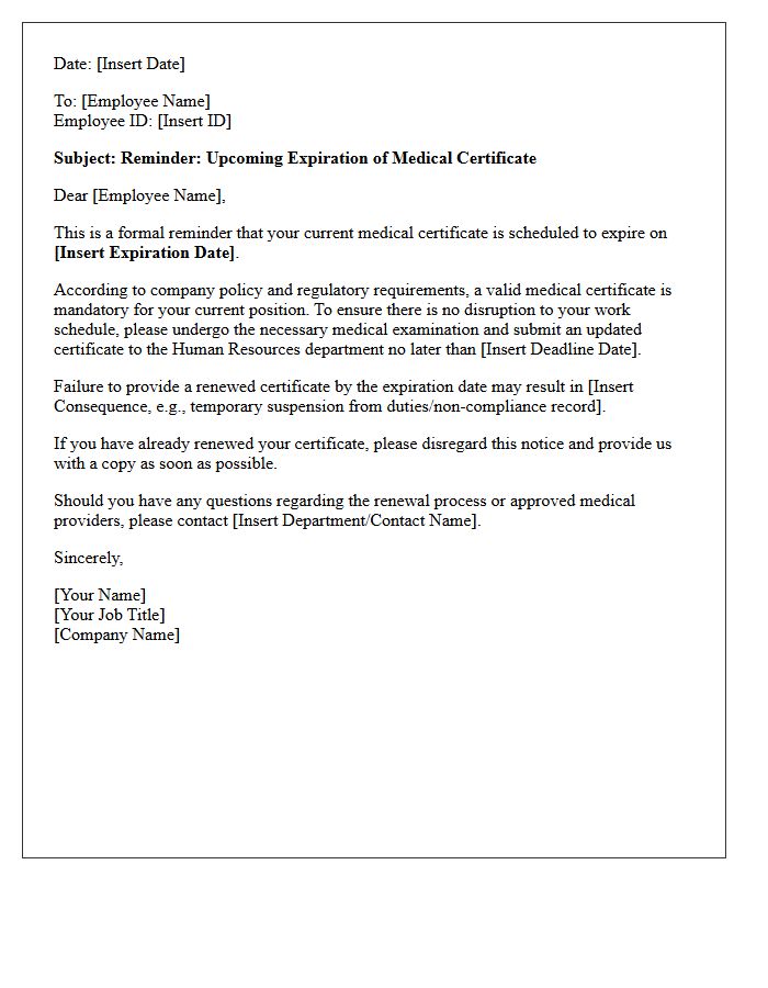 Expiring Medical Certificate Reminder Letter