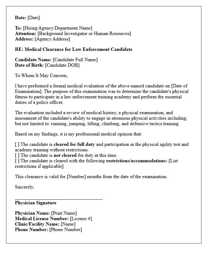Pre-Employment Law Enforcement Physical Clearance Letter