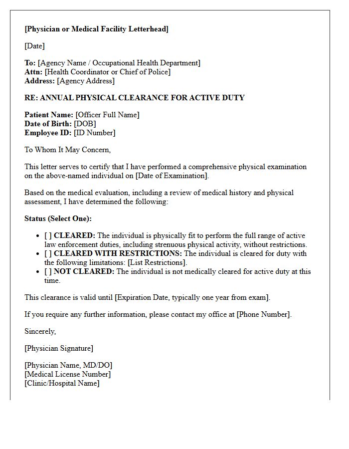 Annual Active Duty Law Enforcement Physical Clearance Letter