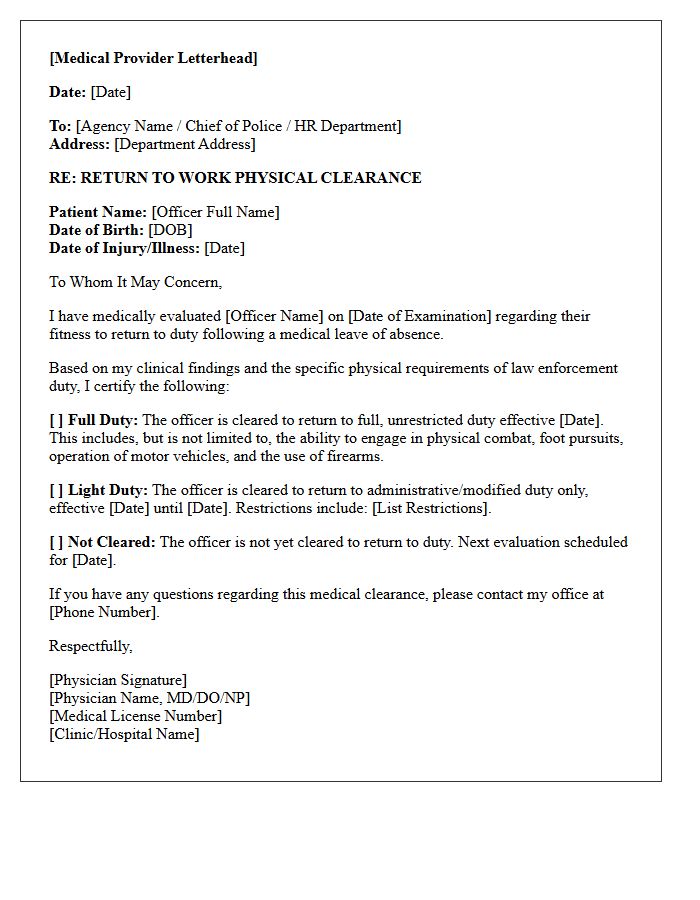 Return To Work Law Enforcement Physical Clearance Letter
