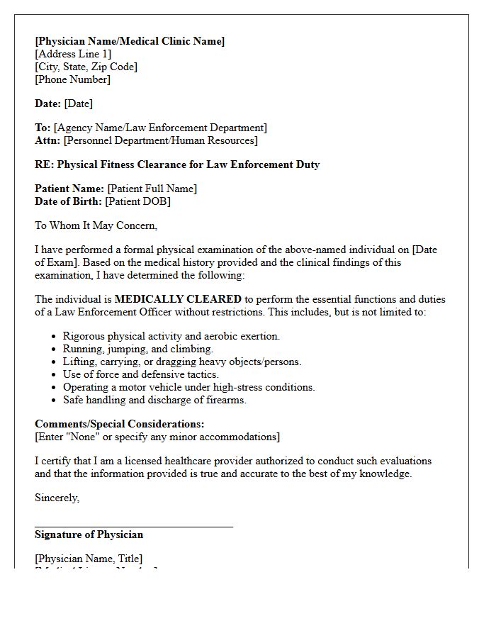 Fit For Duty Law Enforcement Physical Clearance Letter
