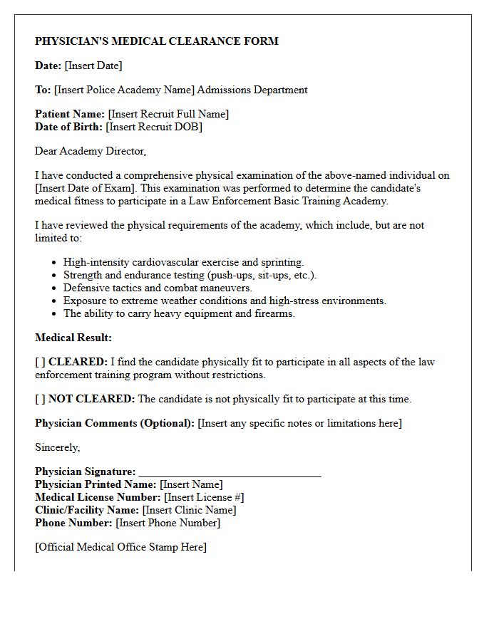 Police Academy Recruit Law Enforcement Physical Clearance Letter