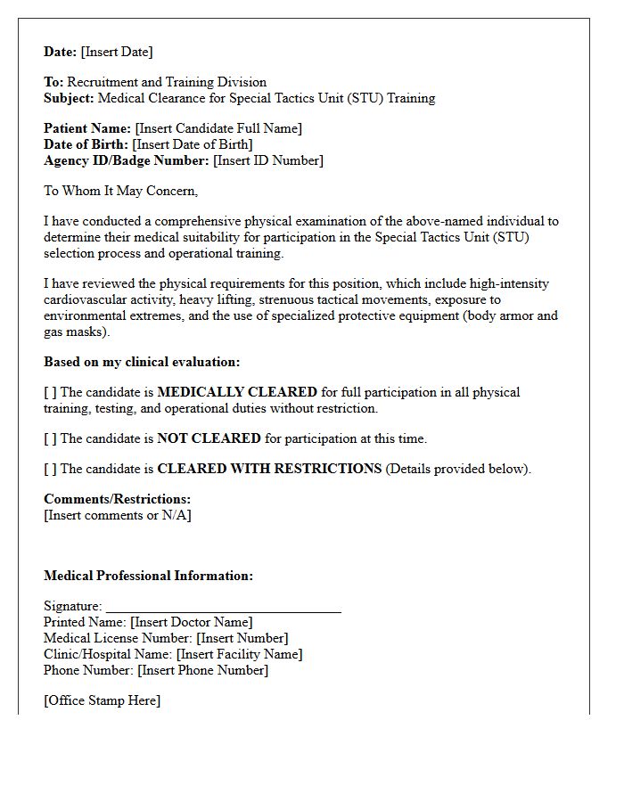 Special Tactics Unit Law Enforcement Physical Clearance Letter