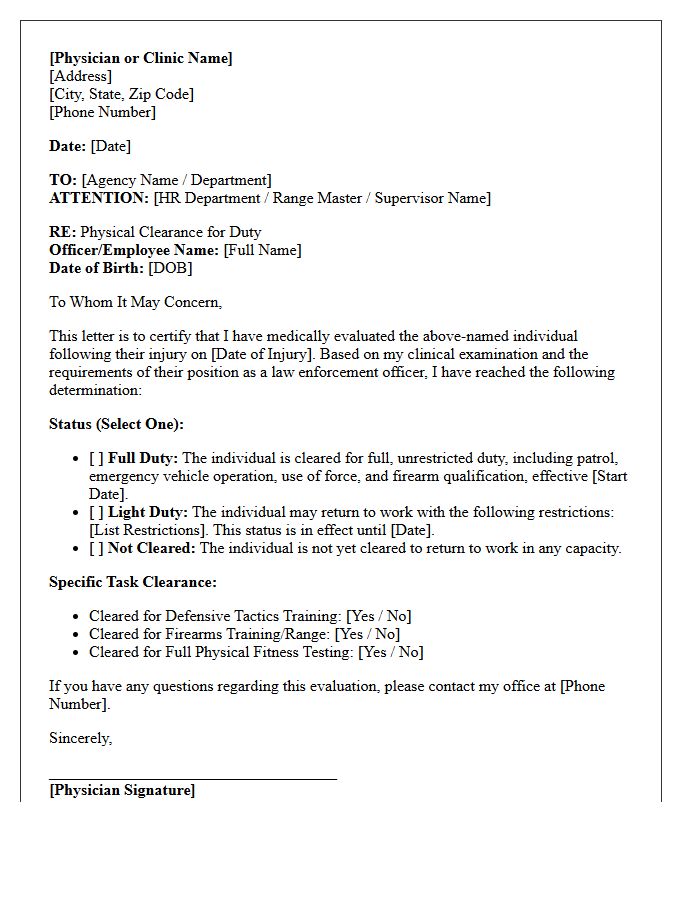 Post-Injury Recovery Law Enforcement Physical Clearance Letter