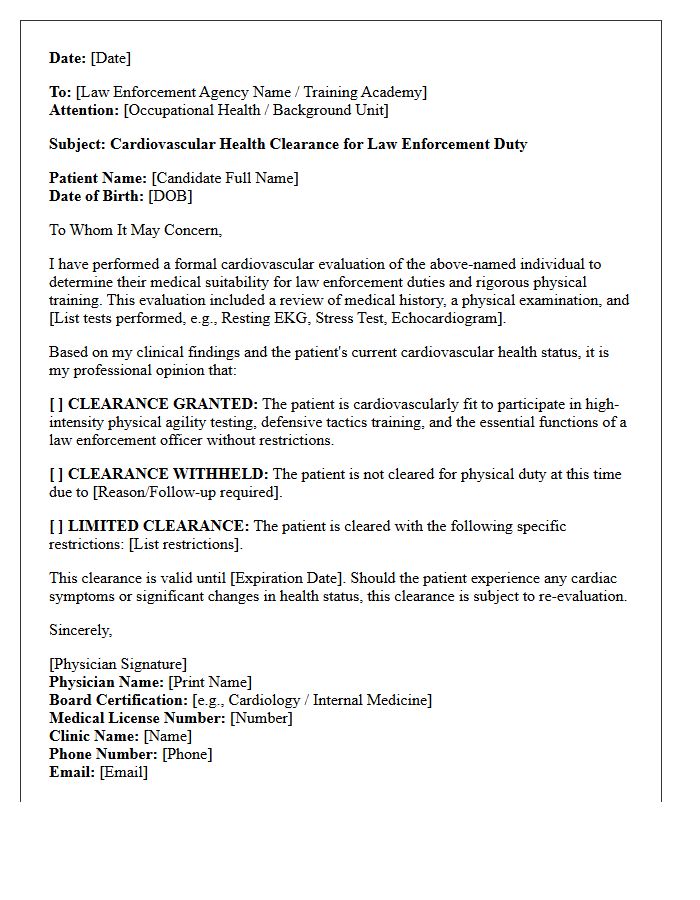 Cardiovascular Health Law Enforcement Physical Clearance Letter