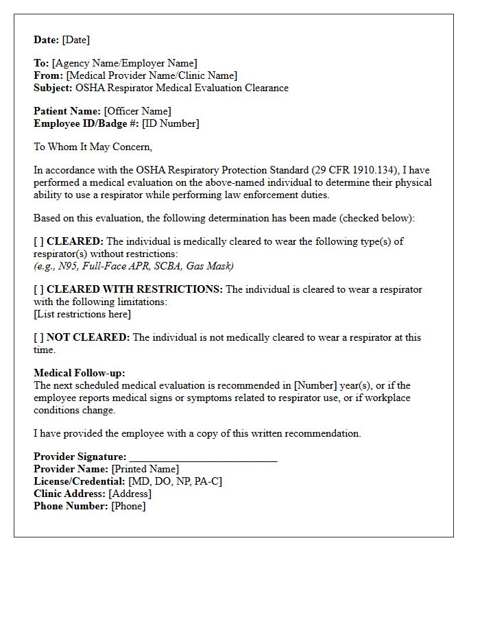 Respirator Evaluation Law Enforcement Physical Clearance Letter
